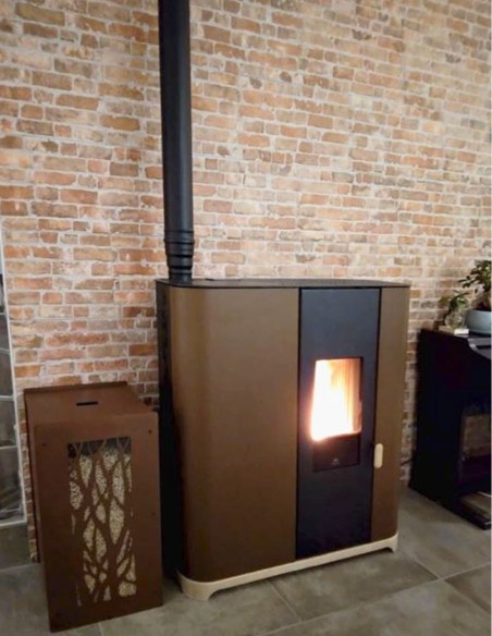 Granulebox Oxy 55kg pellet container next to a stove