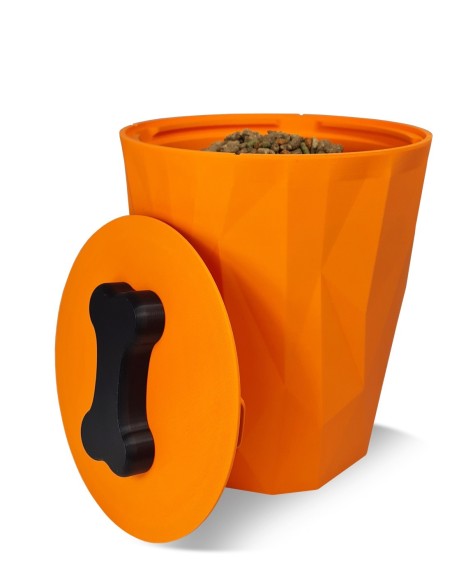 Fresh dog kibble visible inside open orange CrocketBox pet food storage.