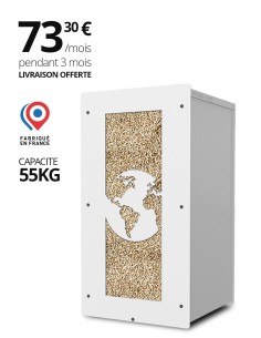 Large-capacity storage unit for pellets, up to 55 kg of pellets.