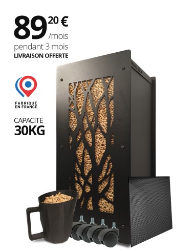 Granulebox arbre noir avec filtre, roulettes et pelle à pellets.
